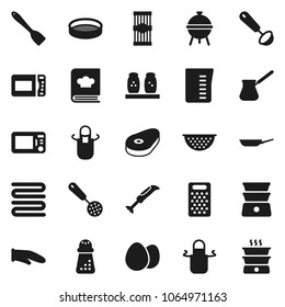 Flat vector icon set - pan vector, colander, measuring cup, apron, cook glove, towel, skimmer, spatula, ladle, hand mill, grater, turk coffee, double boiler, cookbook, spices, bbq, sieve, egg, pasta