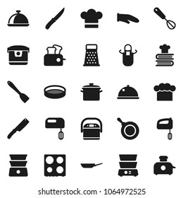 Flat vector icon set - pan vector, cook hat, apron, glove, whisk, spatula, knife, grater, oven, double boiler, cookbook, sieve, dish, mixer, multi cooker, toaster