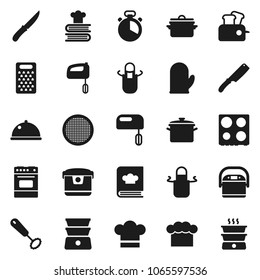 Flat vector icon set - pan vector, cook hat, apron, glove, timer, whisk, knife, grater, oven, double boiler, cookbook, sieve, dish, mixer, multi cooker, toaster