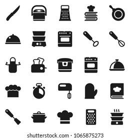 Flat vector icon set - pan vector, cook hat, apron, glove, timer, whisk, spatula, knife, grater, double boiler, cookbook, dish, mixer, multi cooker, toaster, oven