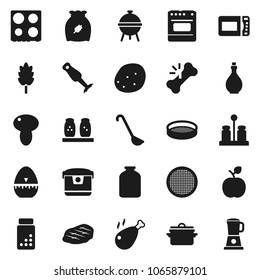 Flat vector icon set - pan vector, oil, cook timer, ladle, oven, spices, blender, bbq, sieve, jar, cereal, mushroom, potato, steak, chicken leg, apple fruit, pills vial, broken bone, multi cooker