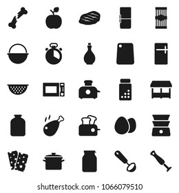 Flat vector icon set - pan vector, camping cauldron, oil, colander, cook timer, ladle, cutting board, microwave oven, double boiler, jar, egg, pasta, steak, chicken leg, apple fruit, pills vial