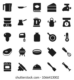 Flat vector icon set - pan vector, kettle, measuring cup, scales, apron, whisk, spatula, rolling pin, cutting board, turk coffee, mixer, double boiler, cookbook, thermometer, bbq, sieve, dish, jar