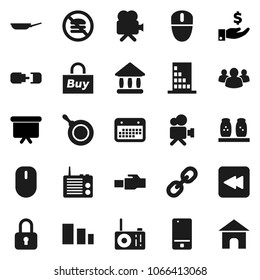 Flat vector icon set - pan vector, spices, university, investment, presentation board, no fastfood, calendar, sorting, video camera, mobile phone, link, group, backward button, lan connector, buy