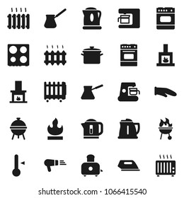Flat vector icon set - pan vector, kettle, cook glove, turk coffee, toaster, oven, thermometer, bbq, flammable, fireplace, heating, iron, maker, hair dryer, heater