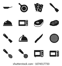 Flat vector icon set - pan vector, skimmer, spatula, knife, microwave oven, sieve, dish, steak, breads