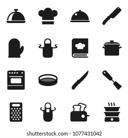 Flat vector icon set - pan vector, cook hat, apron, glove, spatula, knife, grater, cookbook, sieve, dish, toaster, oven, double boiler