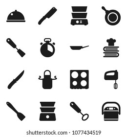 Flat vector icon set - pan vector, apron, cook timer, whisk, spatula, knife, oven, double boiler, cookbook, dish, mixer, multi cooker