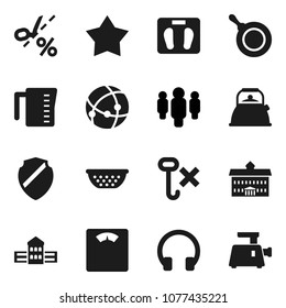 Flat vector icon set - pan vector, kettle, colander, measuring cup, university, school building, man, scales, no hook, headphones, connection, shield, coupon, star, meat grinder