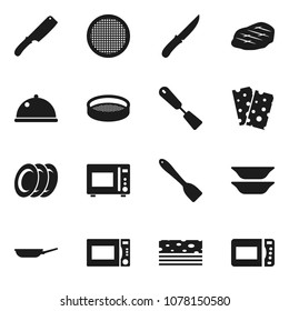 Flat vector icon set - pan vector, spatula, knife, microwave oven, plates, sieve, dish, steak, breads