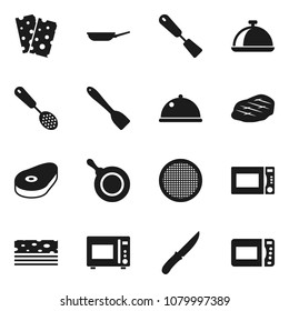 Flat vector icon set - pan vector, skimmer, spatula, knife, microwave oven, sieve, dish, steak, breads