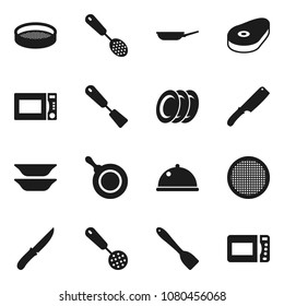 Flat vector icon set - pan vector, skimmer, spatula, knife, microwave oven, plates, sieve, dish, steak