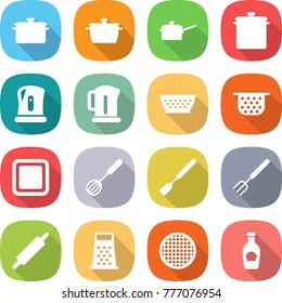 flat vector icon set - pan vector, saute, kettle, colander, cutting board, whisk, spatula, big fork, rolling pin, grater, sieve, ketchup