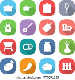 flat vector icon set - pan vector, saute, handle scales, apron, skimmer, cutting board, food processor, bbq, plates, flour, onion, lemon, hot pepper, tomato, grain elevator
