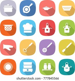 Flat Vector Icon Set - Pan Vector, Colander, Cook Hat, Apron, Glove, Whisk, Skimmer, Spatula, Gas Oven, Double Boiler, Salt Pepper