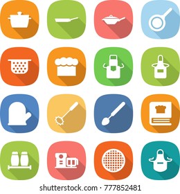 flat vector icon set - pan vector, colander, chief hat, apron, cook glove, whisk, big spoon, cooking book, salt pepper, food processor, sieve