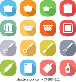 flat vector icon set - pan vector, saute, kettle, colander, cutting board, whisk, spatula, big fork, rolling pin, ketchup