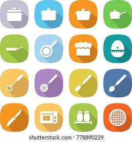 flat vector icon set - pan vector, saute, chief hat, egg timer, whisk, skimmer, spatula, big spoon, knife, grill oven, salt pepper, sieve