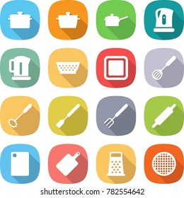 flat vector icon set - pan vector, saute, kettle, colander, cutting board, whisk, spatula, big fork, rolling pin, grater, sieve