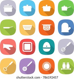 Flat Vector Icon Set - Pan Vector, Saute, Colander, Cook Glove, Cutting Board, Egg Timer, Whisk, Skimmer, Gas Oven, Salt Pepper