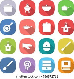 flat vector icon set - pan vector, bbq, cauldron, saute, apron, cook glove, egg timer, spatula, big spoon, elecric oven, double boiler, cooking book