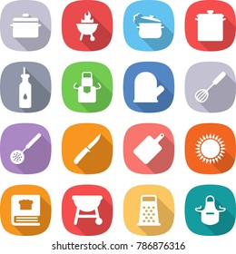 Flat Vector Icon Set - Pan Vector, Bbq, Steam, Vegetable Oil, Apron, Cook Glove, Whisk, Skimmer, Knife, Cutting Board, Gas Oven, Cooking Book, Grater