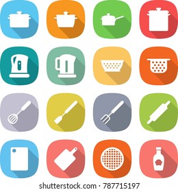 flat vector icon set - pan vector, saute, kettle, colander, whisk, spatula, big fork, rolling pin, cutting board, sieve, ketchup