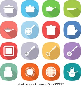 Flat Vector Icon Set - Pan Vector, Saute, Cook Glove, Cutting Board, Whisk, Skimmer, Toaster, Gas Oven, Sieve, Apron