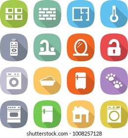 flat vector icon set - panel house vector, brick wall, plan, thermometer, remote control, water tap, mirror, unlocked, washing machine, fridge, pets, oven