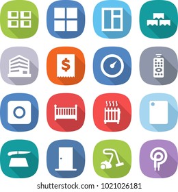 flat vector icon set - panel house vector, window, block wall, office, tax, barometer, remote control, ring button, crib, radiator, cutting board, door, vacuum cleaner, elecric oven