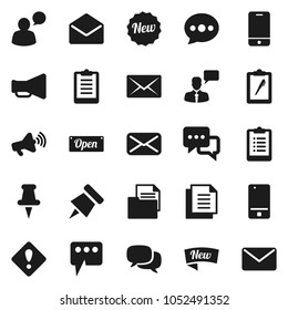 Flat vector icon set - paper pin vector, clipboard, document, loudspeaker, mobile phone, dialog, speaking man, thumbtack, mail, message, attention sign, new, open