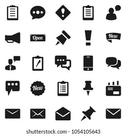 Flat vector icon set - paper pin vector, clipboard, loudspeaker, mobile phone, dialog, speaking man, thumbtack, mail, message, attention sign, new, open