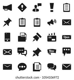Flat vector icon set - paper pin vector, clipboard, document, loudspeaker, mobile phone, dialog, speaking man, thumbtack, mail, message, attention sign, new, open