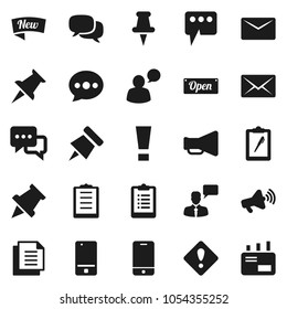 Flat vector icon set - paper pin vector, clipboard, document, loudspeaker, mobile phone, dialog, speaking man, thumbtack, message, mail, attention sign, new, open