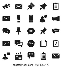 Flat vector icon set - paper pin vector, clipboard, document, loudspeaker, mobile phone, dialog, speaking man, thumbtack, mail, message, attention sign, new