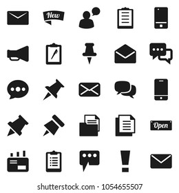 Flat vector icon set - paper pin vector, clipboard, document, loudspeaker, mobile phone, dialog, speaking man, thumbtack, mail, message, attention sign, new, open
