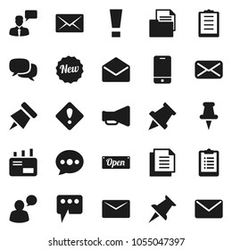 Flat vector icon set - paper pin vector, clipboard, document, loudspeaker, mobile phone, dialog, speaking man, thumbtack, mail, message, attention sign, new, open