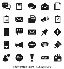 Flat vector icon set - paper pin vector, clipboard, document, loudspeaker, mobile phone, dialog, speaking man, thumbtack, mail, message, attention sign, new, open
