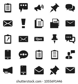 Flat vector icon set - paper pin vector, clipboard, document, loudspeaker, mobile phone, dialog, speaking man, thumbtack, mail, message, attention sign, open