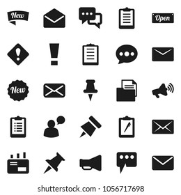 Flat vector icon set - paper pin vector, clipboard, document, loudspeaker, dialog, speaking man, thumbtack, mail, message, attention sign, new, open