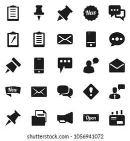 Flat vector icon set - paper pin vector, clipboard, document, loudspeaker, mobile phone, dialog, speaking man, thumbtack, mail, message, attention sign, new, open