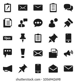Flat vector icon set - paper pin vector, clipboard, document, loudspeaker, mobile phone, dialog, speaking man, thumbtack, mail, message, attention sign, open