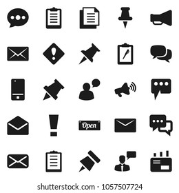 Flat vector icon set - paper pin vector, clipboard, document, loudspeaker, mobile phone, dialog, speaking man, thumbtack, mail, message, attention sign, open