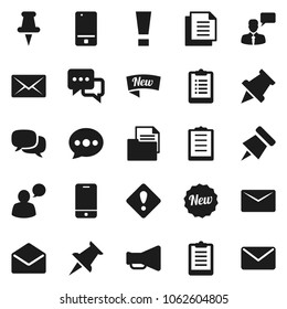 Flat vector icon set - paper pin vector, clipboard, document, loudspeaker, mobile phone, dialog, speaking man, thumbtack, mail, message, attention sign, new