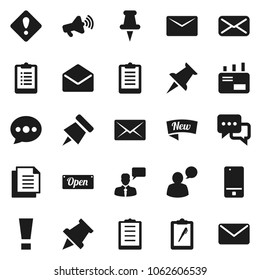 Flat vector icon set - paper pin vector, clipboard, document, loudspeaker, mobile phone, dialog, speaking man, thumbtack, mail, message, attention sign, new, open
