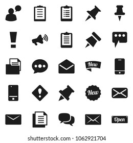 Flat vector icon set - paper pin vector, clipboard, document, loudspeaker, mobile phone, dialog, speaking man, thumbtack, mail, message, attention sign, new, open