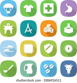 flat vector icon set - parachute vector, t shirt, medical cross, stomach, arch, draw compass, modern architecture, package, slippers, cpu, shield, solar power, ladle, jug, coffee seeds, cow