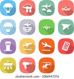 flat vector icon set - parachute vector, factory filter, journey, plane, delivery, shipping, deltaplane, airport tower, departure, arrival, inflatable mattress, air conditioning, hair dryer