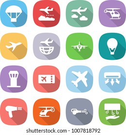 flat vector icon set - parachute vector, weather management, journey, ambulance helicopter, plane, shipping, air ballon, airport tower, ticket, airplane, conditioning, hair dryer, blower, hand