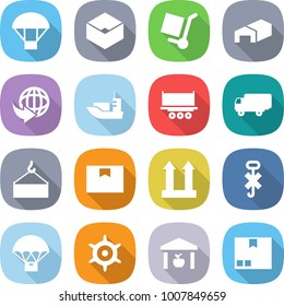 flat vector icon set - parachute vector, box, cargo stoller, warehouse, delivery, sea shipping, truck, loading crane, package, top sign, do not hook, handwheel